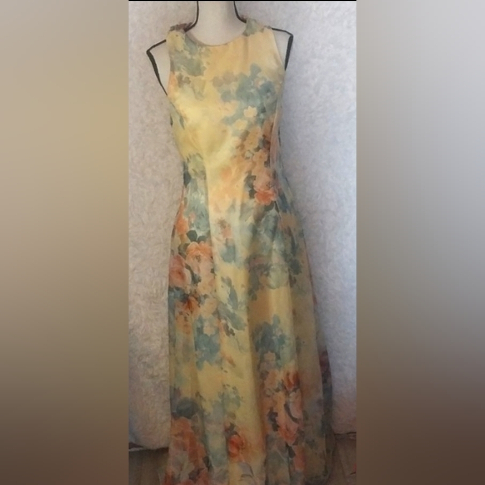 Alfred Angelo Yellow Floral Full Length Maxi Dress Gown Women's Kentucky Derby